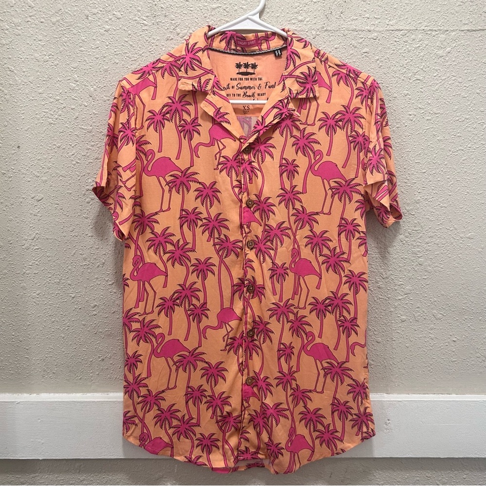 Vacay Spirit Orange and Pink Flamingo Men's Hawaiian Style Button Down XS